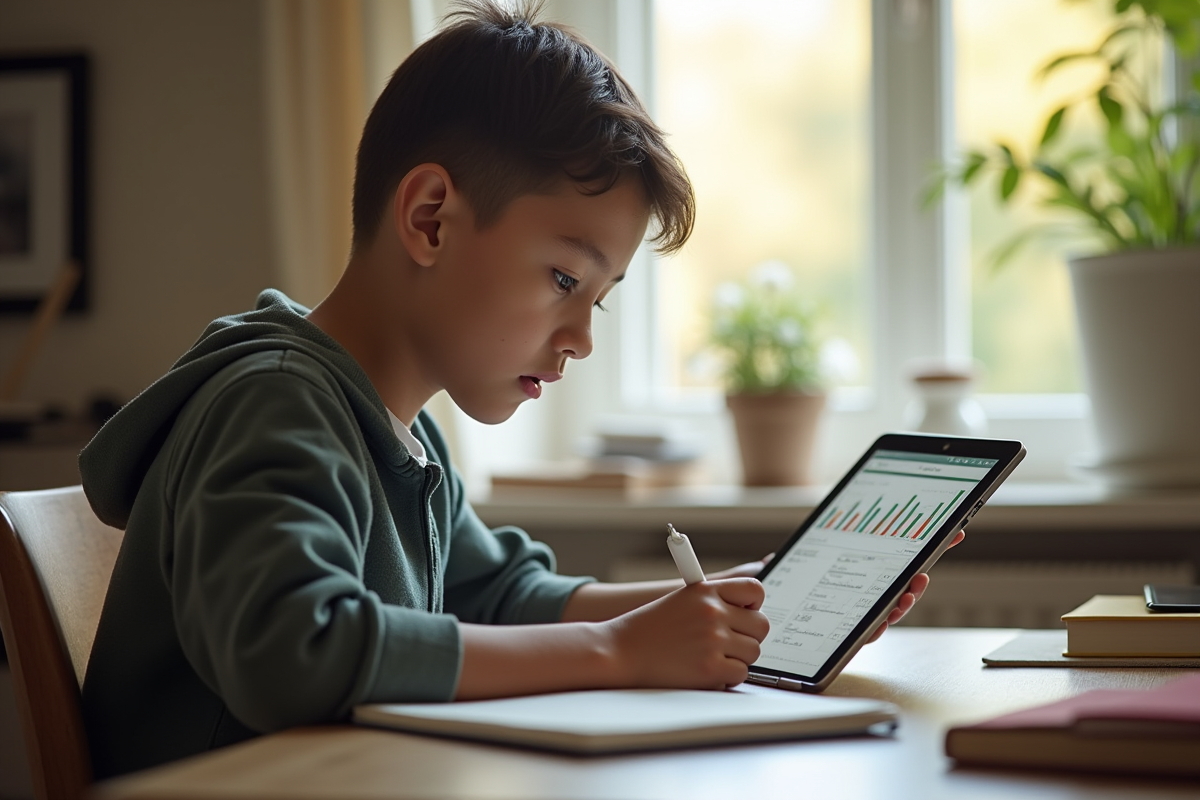 Adolescent travaillant sur une tablette dans une chambre ensoleillee