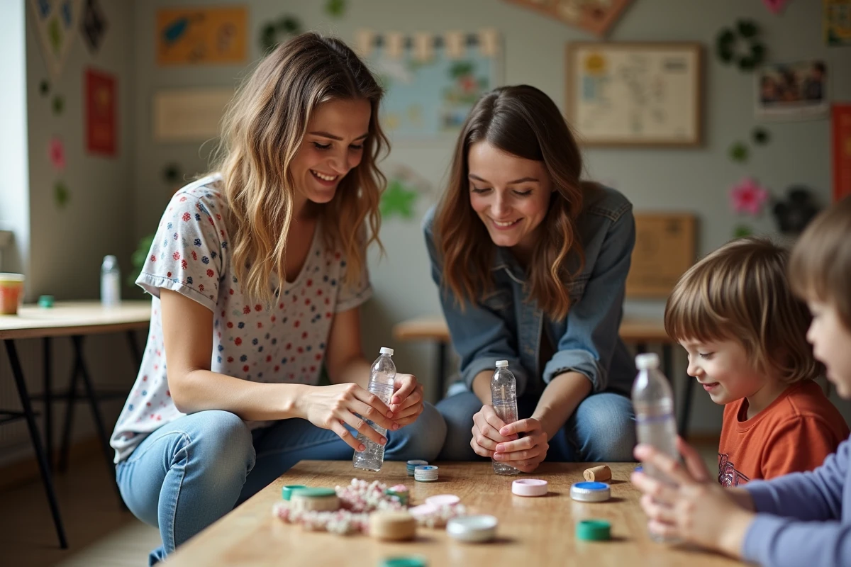 Adultes guidant des enfants pour fabriquer des maracas recyclés