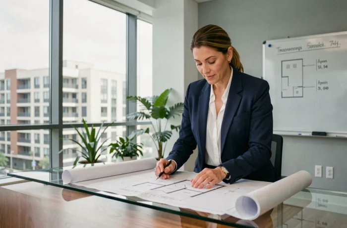Agent immobilière professionnelle analysant des plans architecturaux dans une agence moderne avec vue sur la ville en 2024