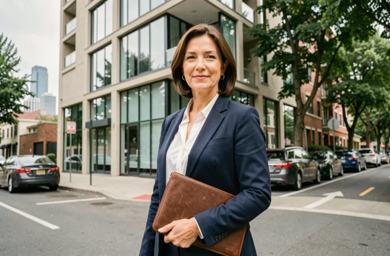 Agent immobilière professionnelle devant un immeuble résidentiel moderne en milieu urbain