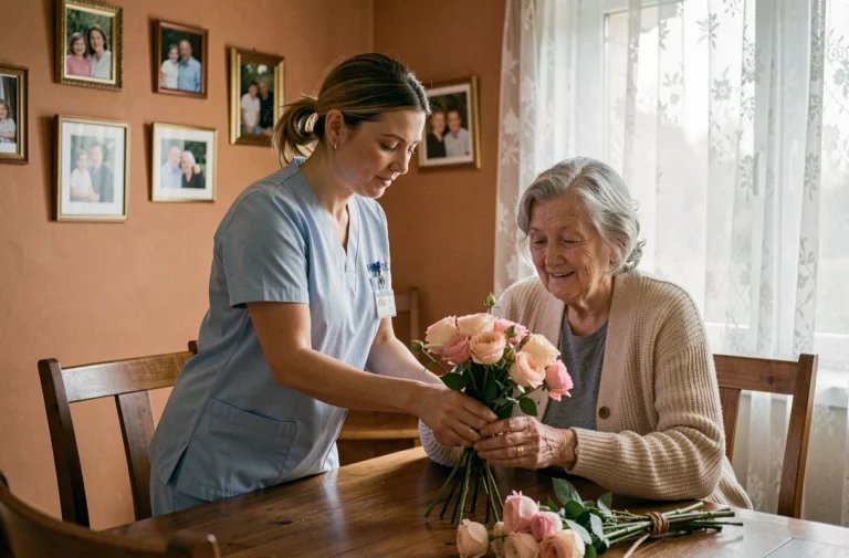 Aide à domicile aidant une personne âgée à arranger des fleurs dans un appartement chaleureux