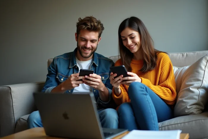 Deux amis comparant des annuaires FiveM alternatifs sur leurs smartphones dans un salon moderne