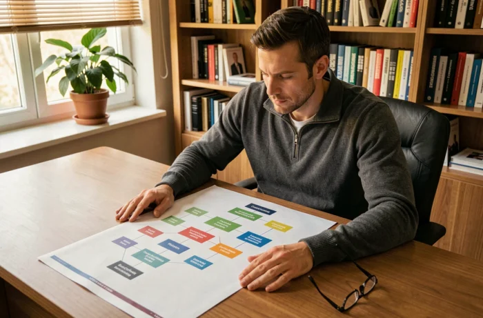 Homme analysant un plan de site imprimé représentant l'arborescence du site iqbusiness.fr sur un bureau en bois