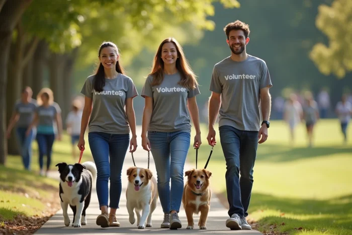Bénévoles promenant des chiens adoptés dans un parc lors d'un événement de sensibilisation aux droits des animaux