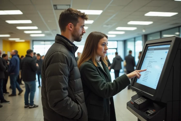 Couple utilisant une borne Western Union en bureau de poste pour connaître le montant maximum d'envoi