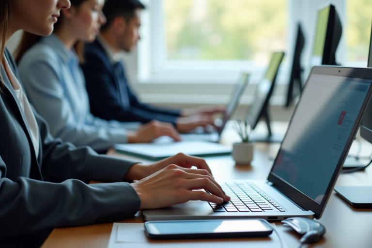 Bureau moderne d administration scolaire avec deux employés utilisant des tablettes