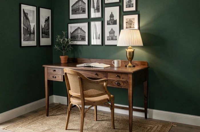 Bureau à domicile tendance avec mur vert forêt, bureau en noyer, chaise en rotin et galerie de cadres noirs pour un intérieur stylé et inspirant