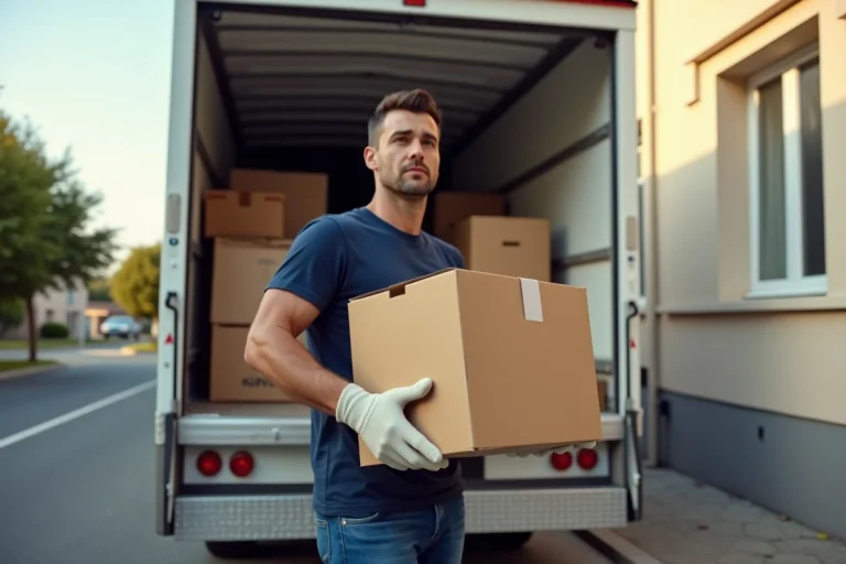 Homme chargeant des cartons dans un camion de déménagement 6m3 blanc devant un immeuble résidentiel