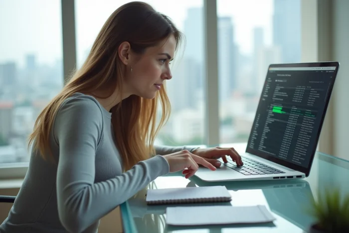 Femme prenant des notes en consultant un annuaire de serveurs FiveM sur son ordinateur portable