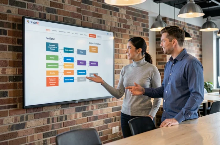 Deux collègues discutant de la structure de navigation du site iqbusiness.fr devant un écran affichant un sitemap numérique