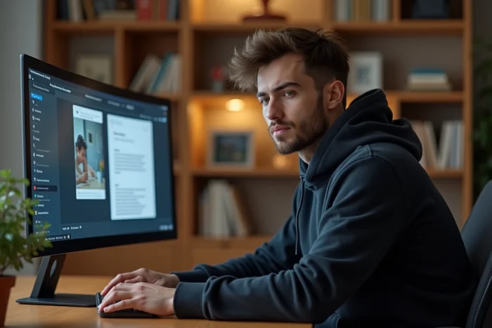 Homme comparant la liste officielle FiveM et des annuaires alternatifs sur un écran d'ordinateur dans un bureau à domicile