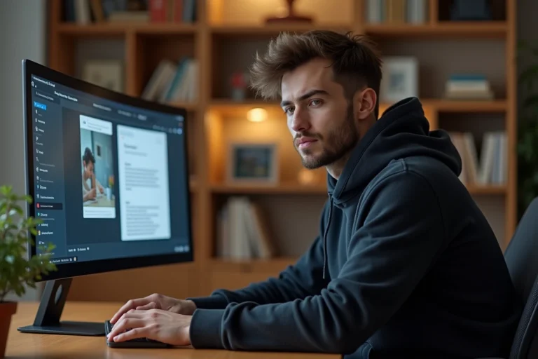 Homme comparant la liste officielle FiveM et des annuaires alternatifs sur un écran d'ordinateur dans un bureau à domicile