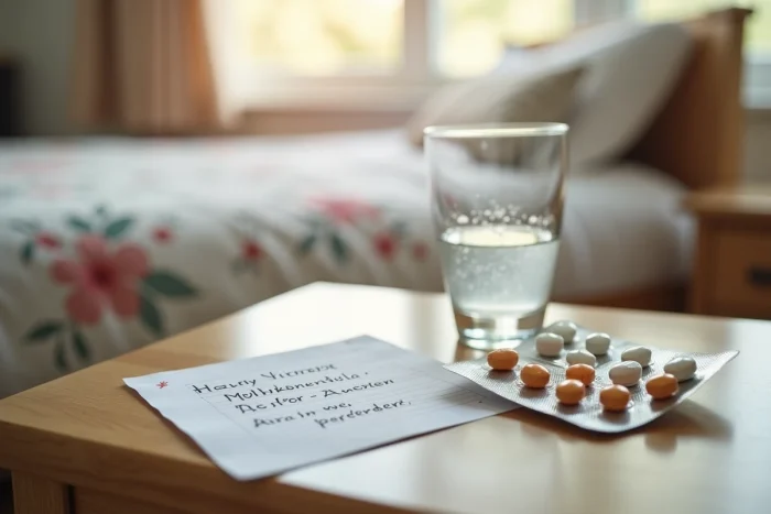 Gros plan sur des comprimés de vitamines et un verre d'eau sur une table de nuit de personne âgée, évoquant la prise quotidienne de compléments alimentaires et les précautions associées