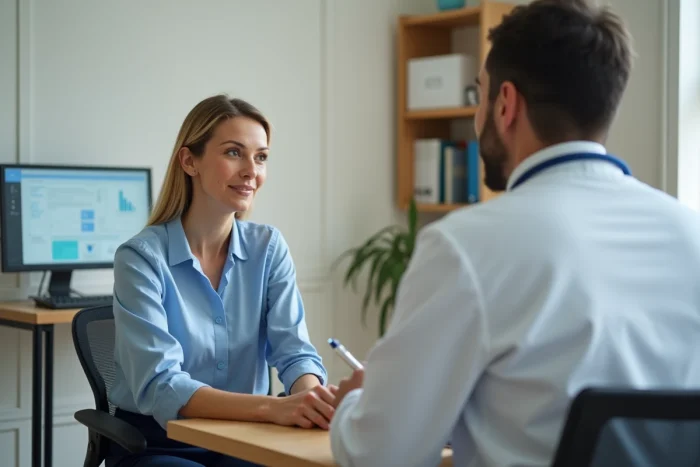 Femme consultant son médecin généraliste pour des symptômes liés à un surdosage en lévothyroxine