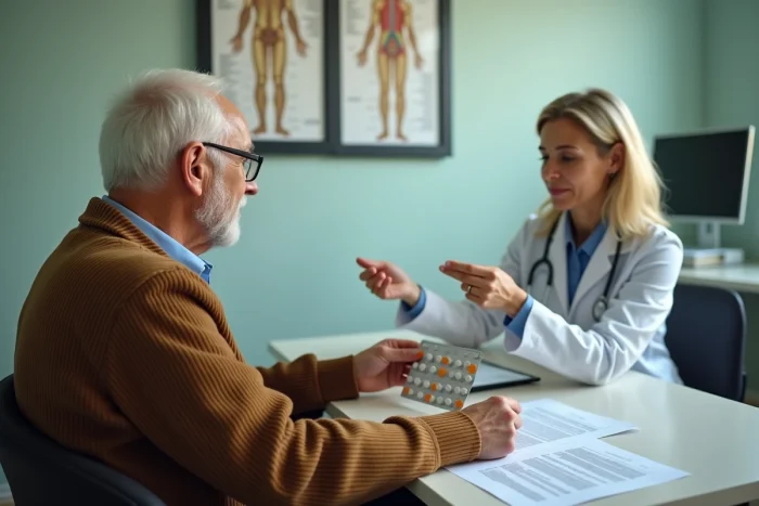 Senior homme consultant son médecin généraliste au sujet des effets secondaires d'un complément vitaminé pour personnes âgées fragiles