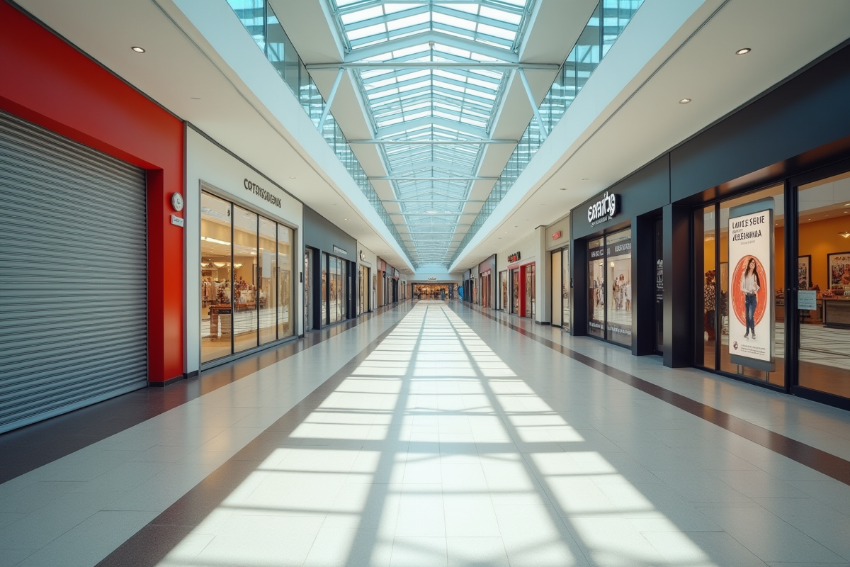Couloir de centre commercial vide avec boutiques fermées