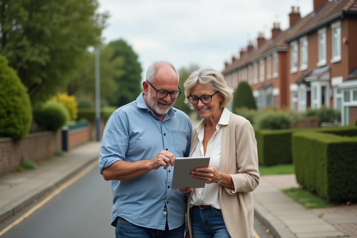 Couple discutant de biens immobiliers sur une tablette en extérieur