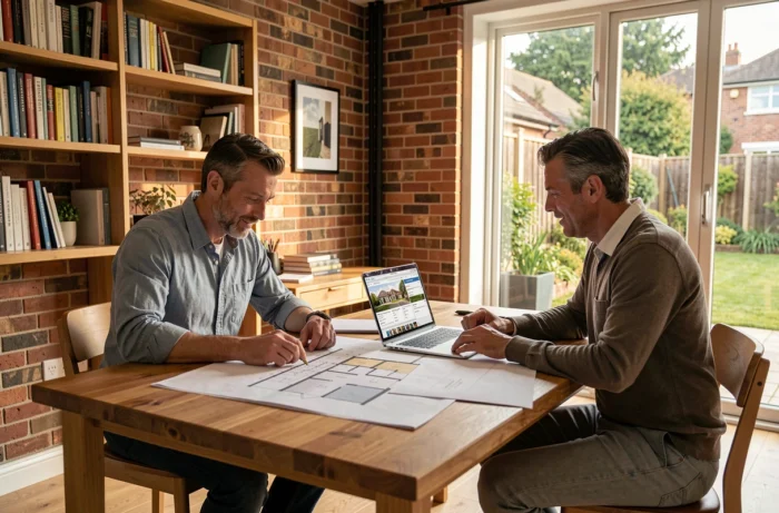 Couple étudiant des plans immobiliers et des annonces sur ordinateur dans un intérieur contemporain