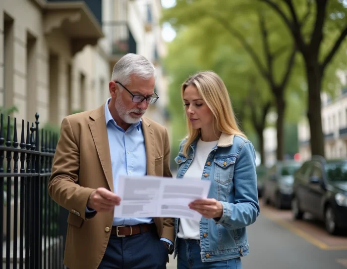 Couple examinant une fiche d'annonce immobilière devant un immeuble résidentiel dans une rue calme