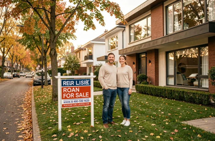 Couple visitant une maison individuelle à vendre en banlieue résidentielle lors d'une journée d'automne