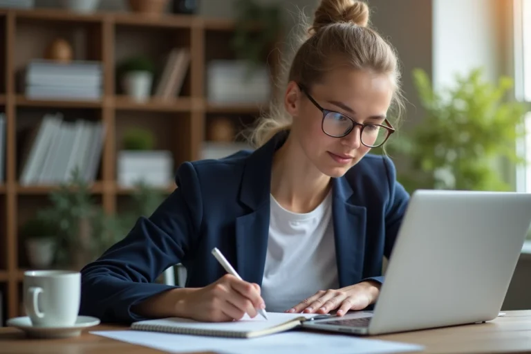Jeune femme débutante en investissement boursier analysant des graphiques sur un ordinateur portable dans un bureau à domicile