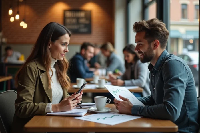 Deux adultes discutant de stratégies d'investissement en bourse autour d'un café dans un bistrot urbain