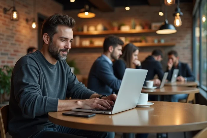Entrepreneur masculin travaillant sur un ordinateur portable avec une plateforme digitale dans un café co-working moderne et urbain