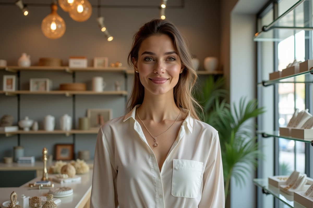 Femme entrepreneure souriante dans sa boutique de bijoux