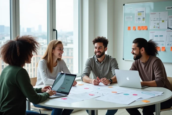 Équipe de jeunes professionnels collaborant autour de solutions digitales innovantes lors d'une réunion en startup