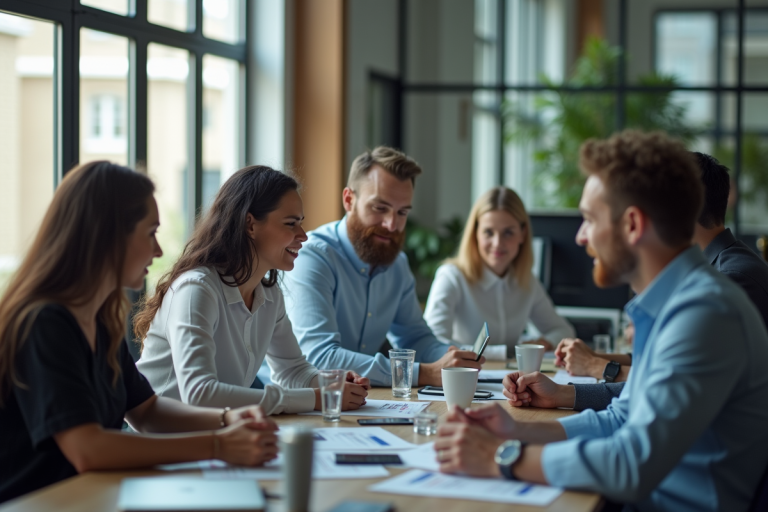 Équipe diversifiée collaborant dans un bureau moderne pour un article sur le travail d'équipe