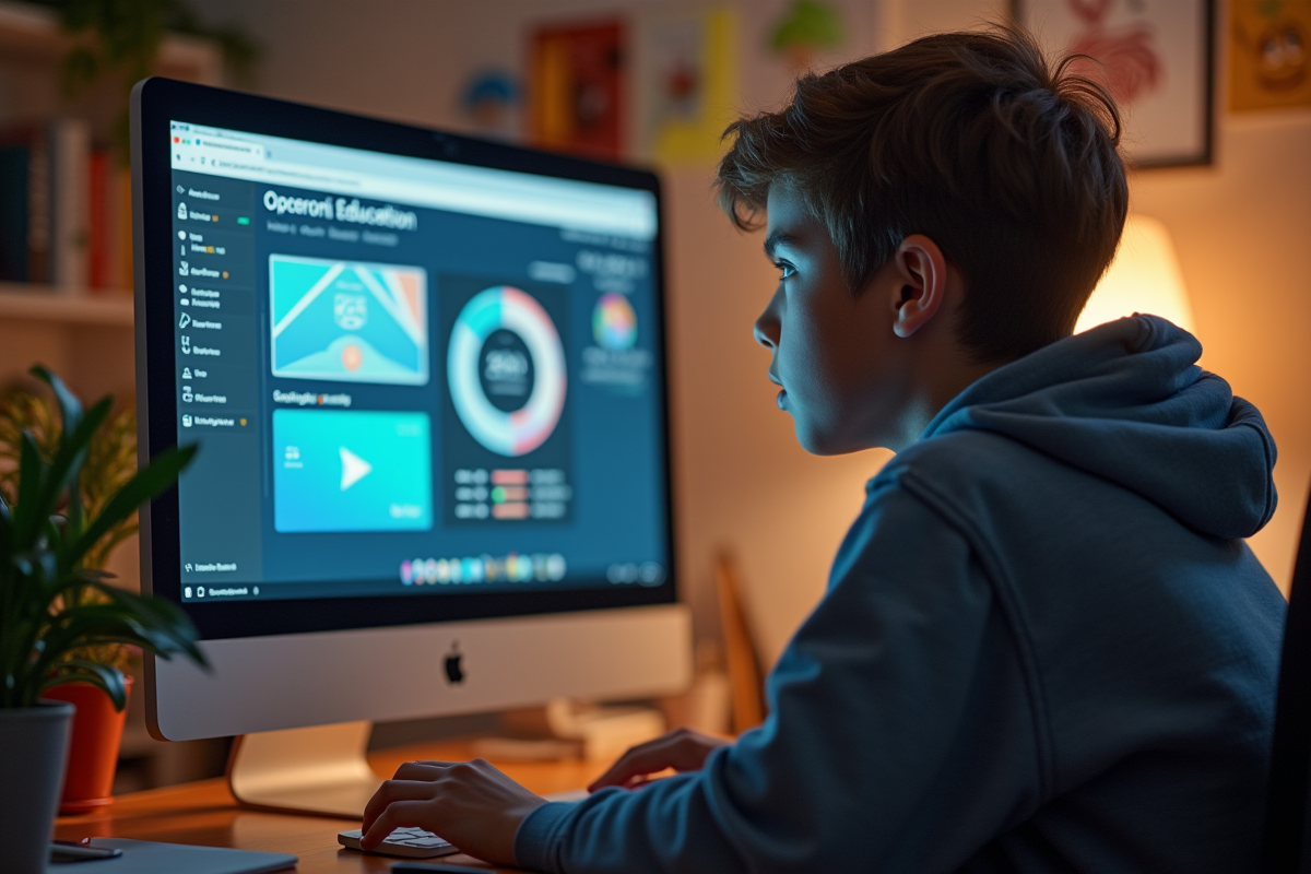 Étudiant utilisant un logiciel éducatif sur un ordinateur haute résolution