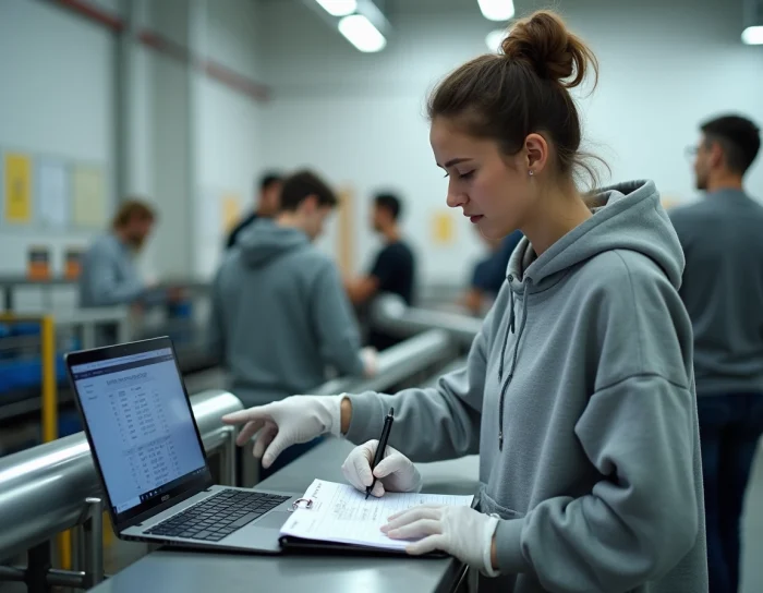 Étudiante en génie civil réalisant un test de résistance sur un tube en aluminium en laboratoire universitaire