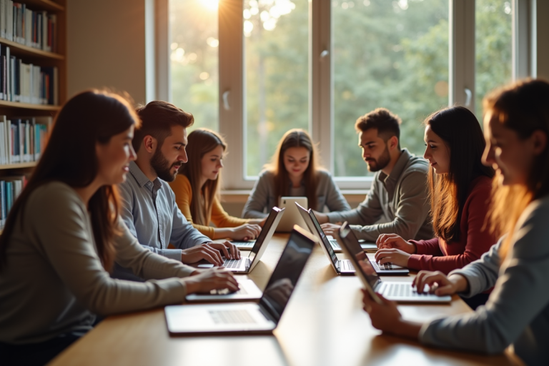 Groupe d'étudiants en bibliothèque utilisant des appareils numériques