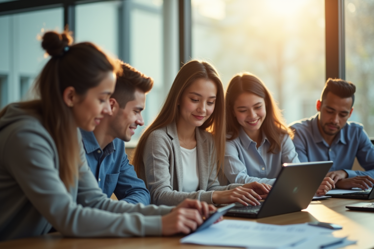 Groupe d'étudiants divers collaborant avec des tablettes numériques