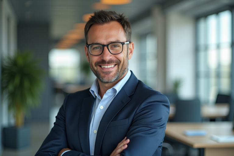 Cadre francais confiant dans un bureau moderne lumineux
