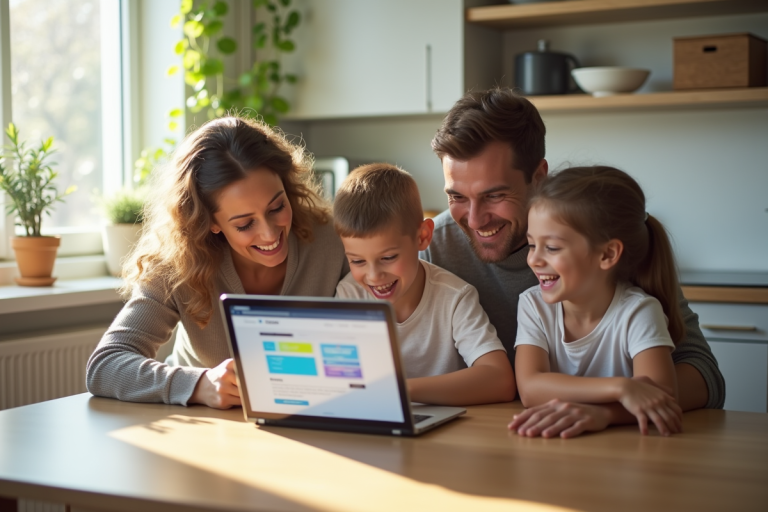 Famille souriante autour d'une table lumineuse avec un ordinateur