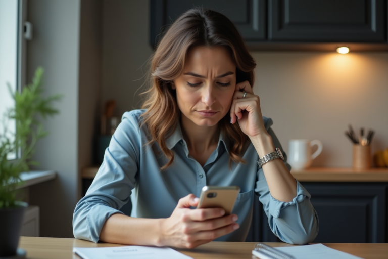 Femme d'affaires frowning lors d'un appel inconnu