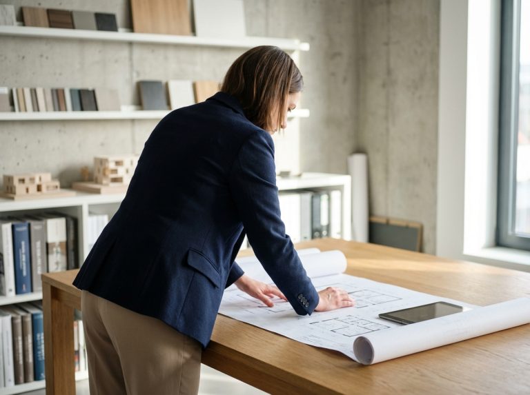 Femme architecte en bureau moderne examine des plans