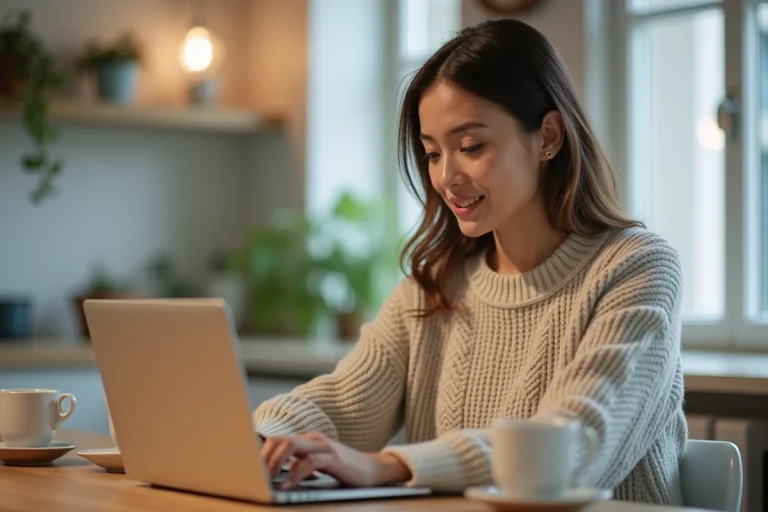 Femme assise à une table de cuisine avec un ordinateur portable