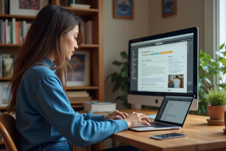 Femme travaillant sur un ordinateur dans un bureau cosy