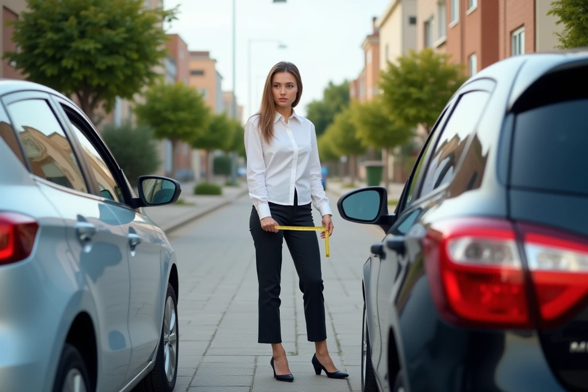 Jeune femme compare deux voitures dans une rue résidentielle