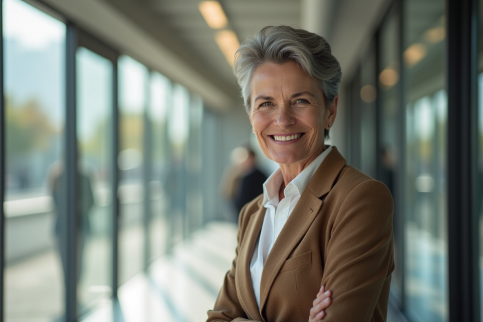 Femme confiante dans un environnement urbain lumineux
