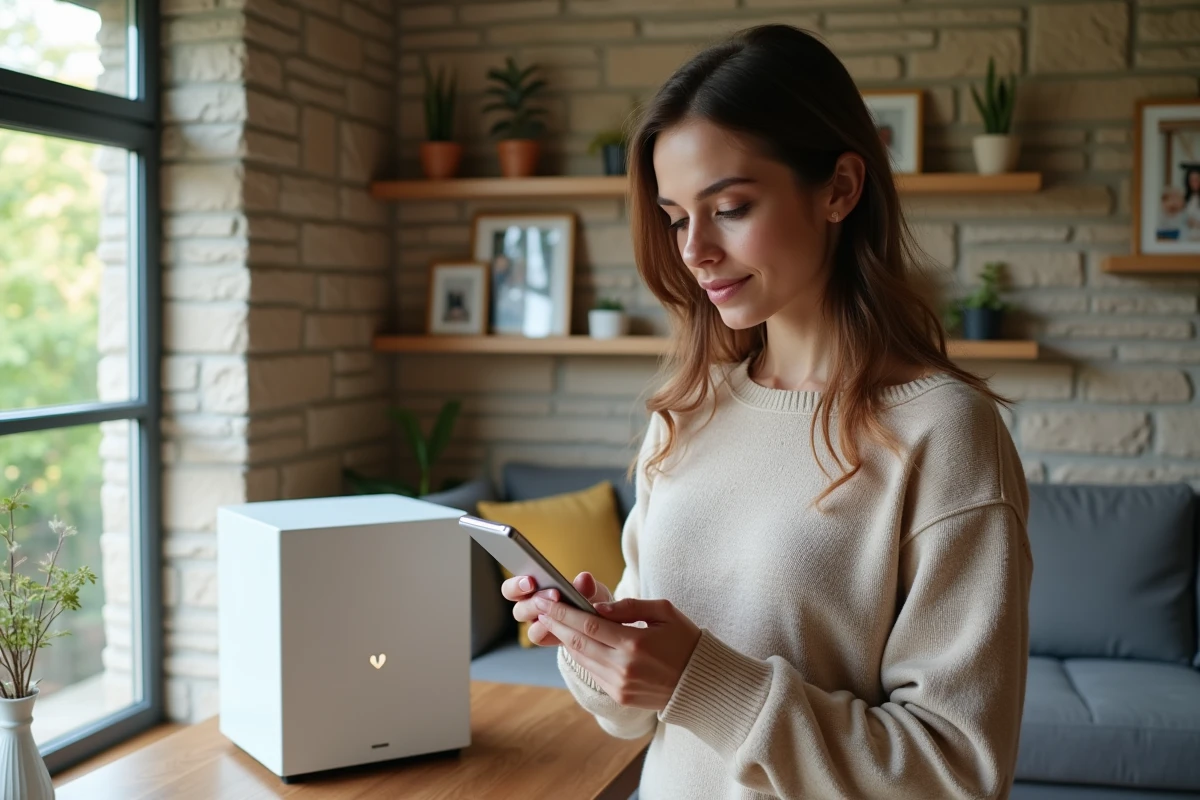 Jeune femme configurant son internet dans le salon