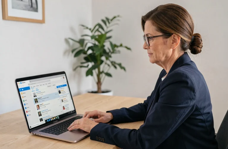 Femme professionnelle connectée à son webmail Zimbra sur un ordinateur portable dans un bureau à domicile moderne