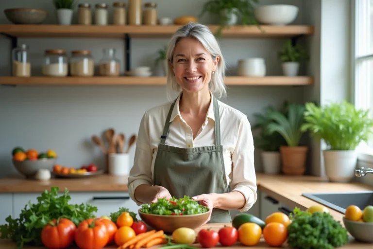 Femme souriante préparant une salade dans la cuisine