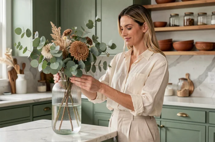 Femme arrangeant des fleurs séchées dans une cuisine moderne avec mobilier vert sauge et plan de travail en marbre pour une déco intérieure tendance