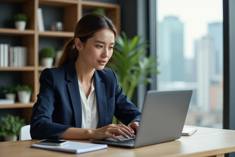 Femme professionnelle en bureau moderne avec graphiques financiers