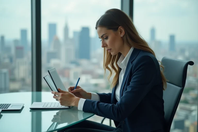 Femme professionnelle consulte des nouvelles financières sur tablette