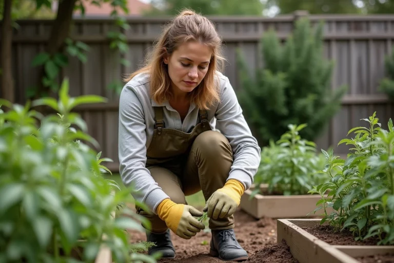 Femme en jardinage examine les feuilles de tomates