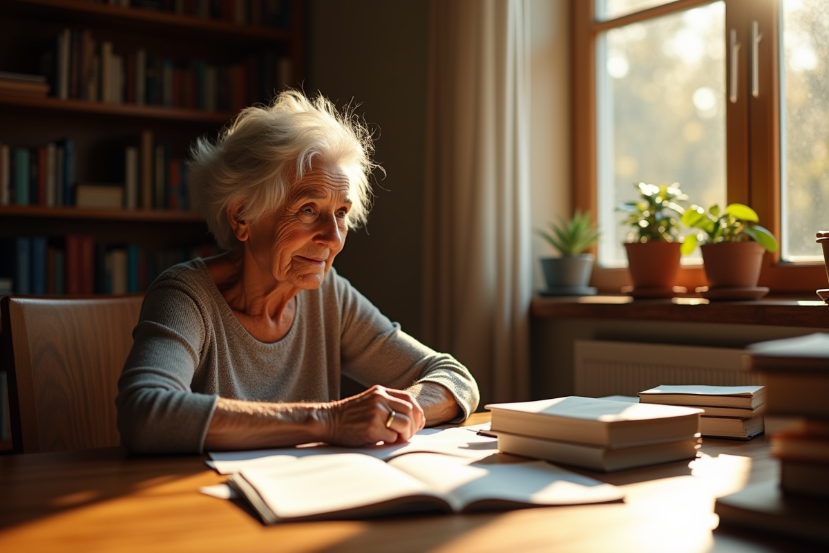 Femme âgée lisant à une table ensoleillée